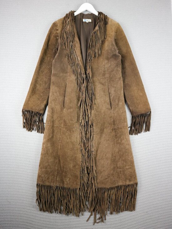 B Lucid Jackets & Blazers - B Lucid fringed Brown Western Long Leather Suede Jacket Duster Fringe Coat XS